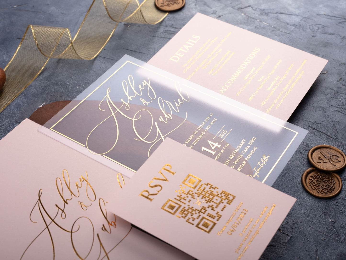 Blush Pink and Gold Acrylic Wedding Invitation
