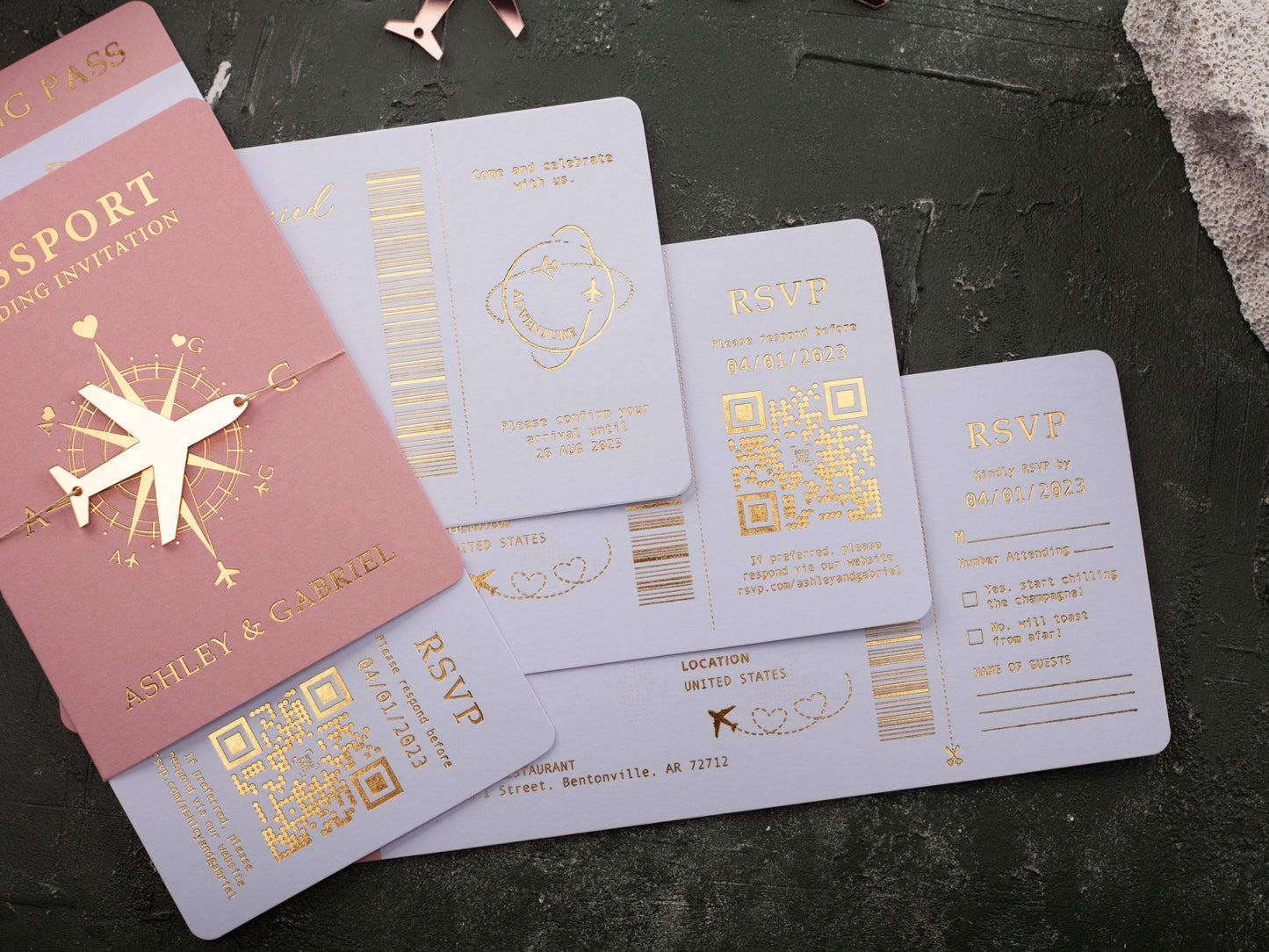 Blush Pink Passport Wedding Invitation with Gold Foil