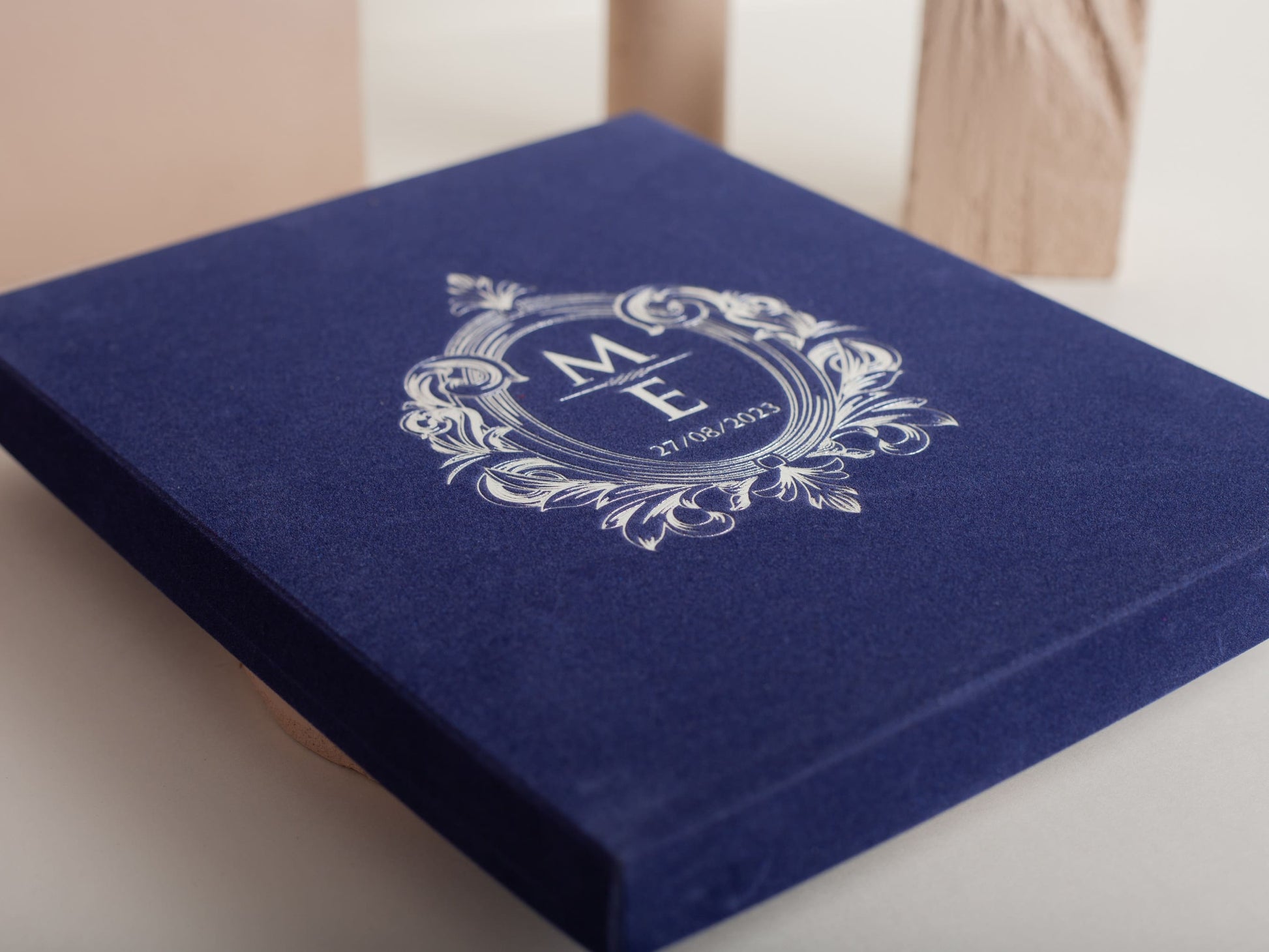 Box style dark blue velvet invitation