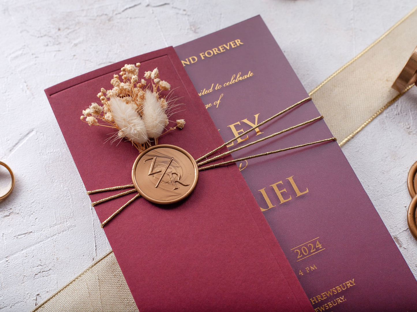 Boxed Burgundy and Gold Acrylic Wedding Invitation