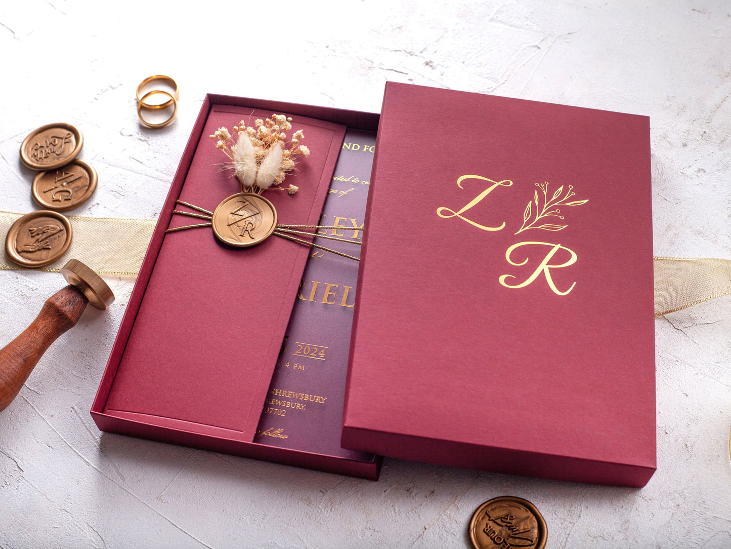 Boxed Burgundy and Gold Acrylic Wedding Invitation