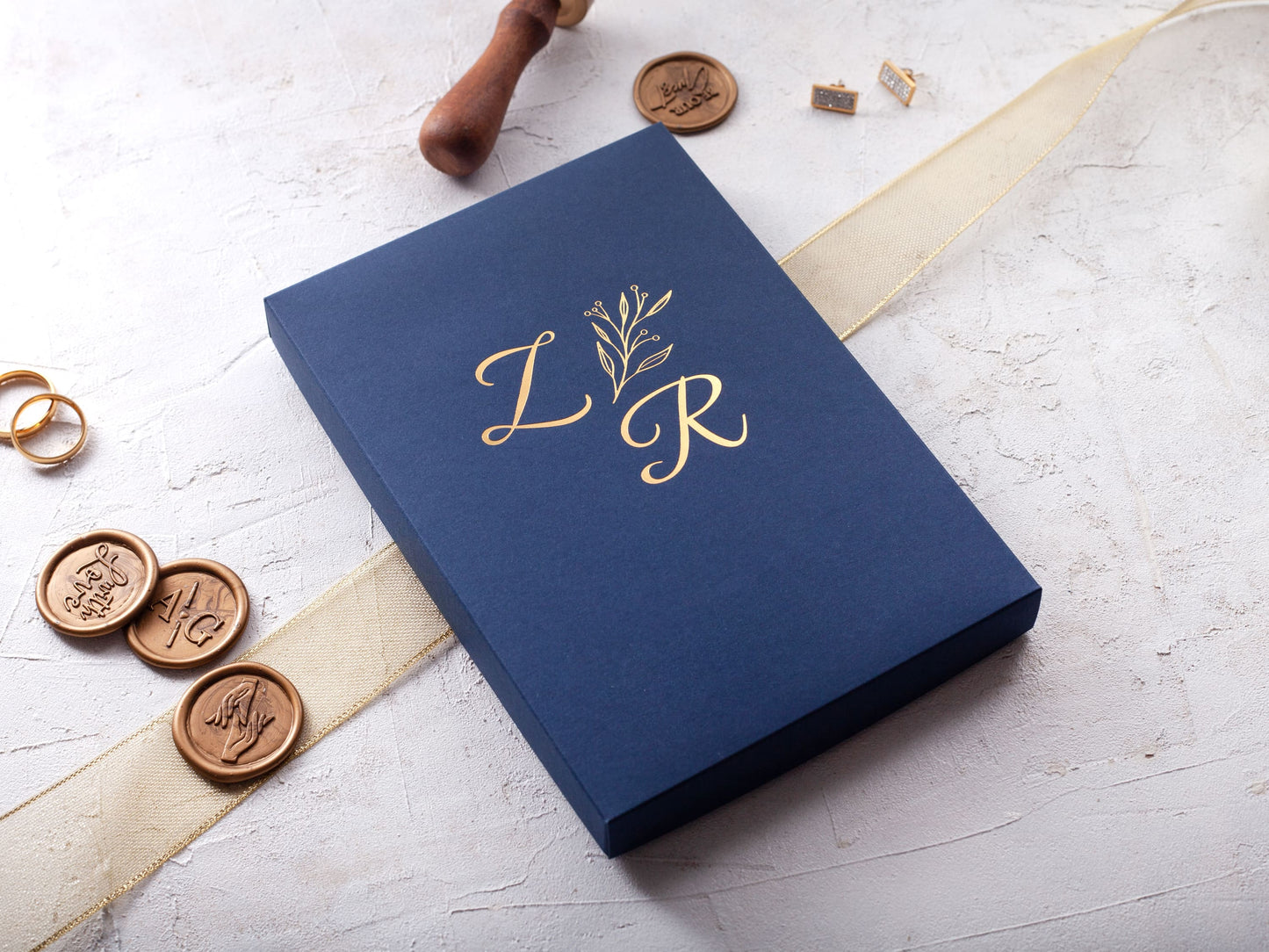 Boxed Navy Blue Acrylic Invitation with Gold Foil