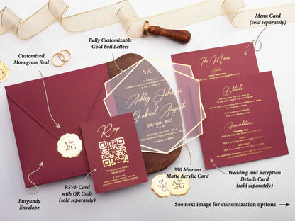 Acrylic Wedding Invitation with Gold Foil and Burgundy Envelope