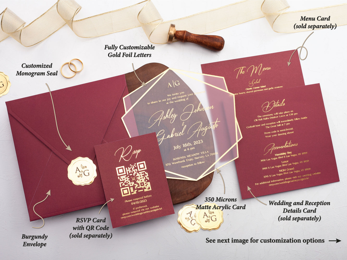 Acrylic Wedding Invitation with Gold Foil and Burgundy Envelope