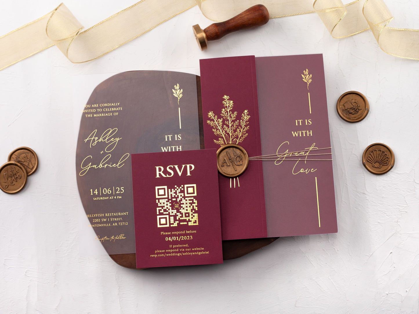 Acrylic Invitation with Gold Foil and Burgundy Folded Jacket