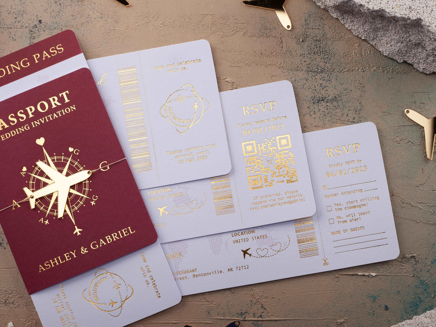 Burgundy Boarding Pass Wedding Invitation with Gold Foil