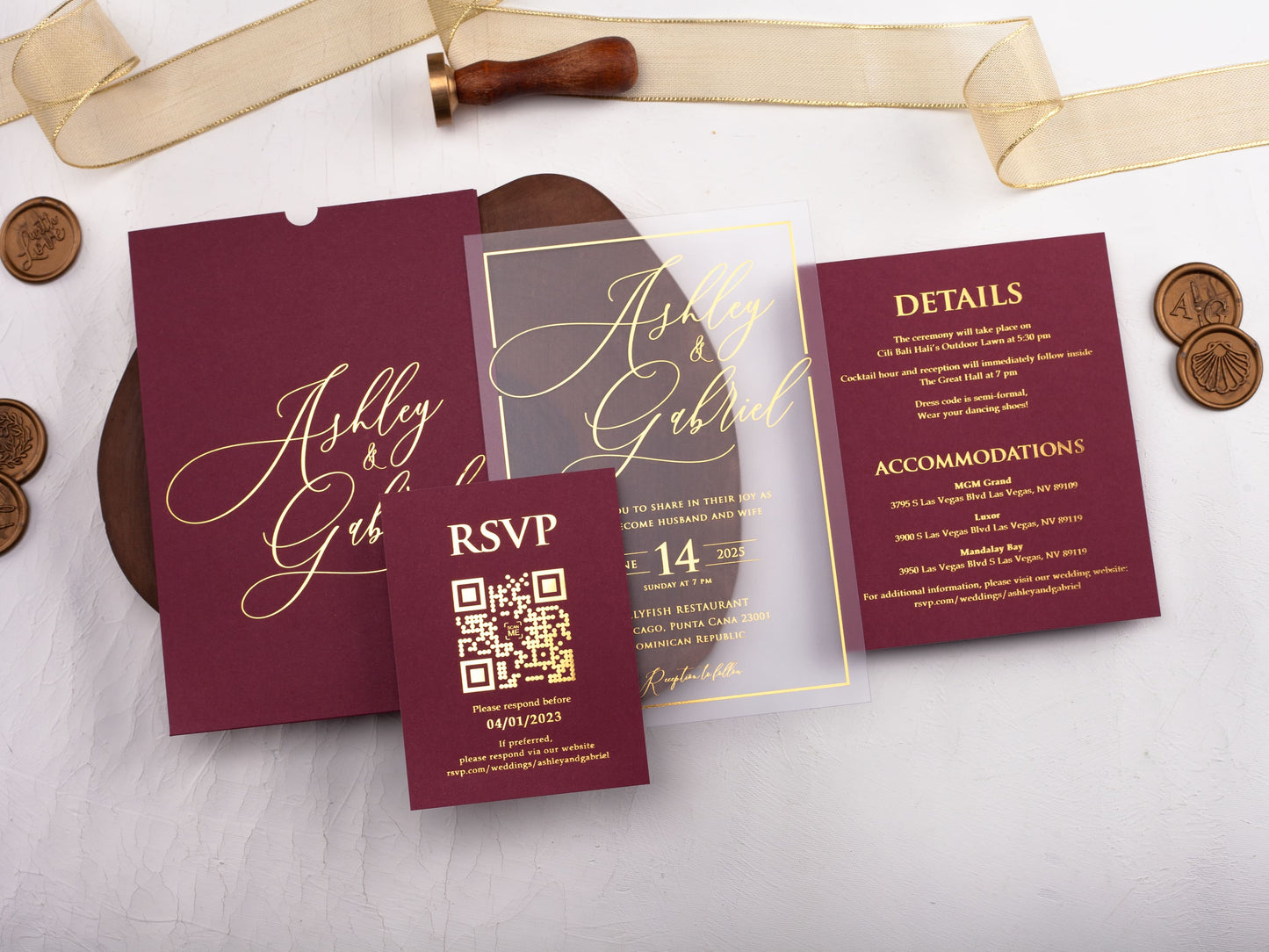 Acrylic Invitation with Gold Foil Print and Burgundy Sleeve Envelope