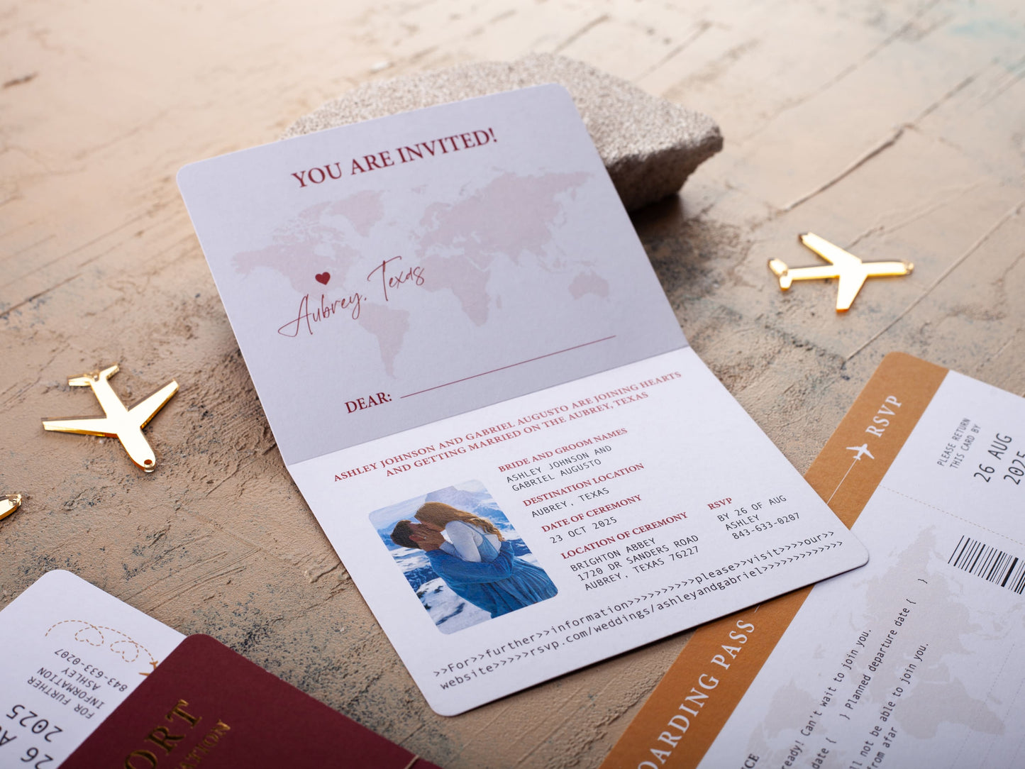 Burgundy Passport Wedding Invitation with Gold Foil