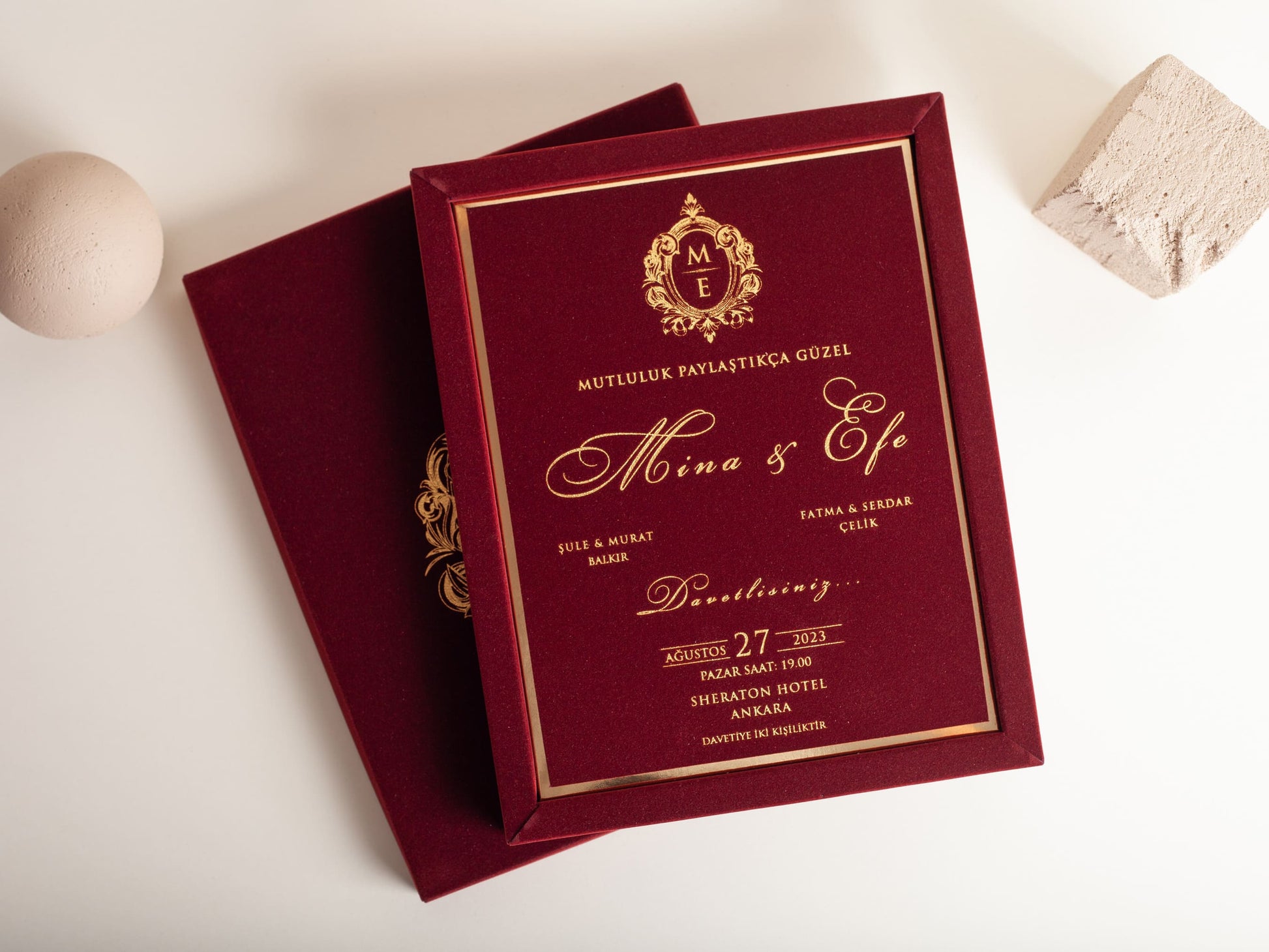 Burgundy velvet wedding invitation