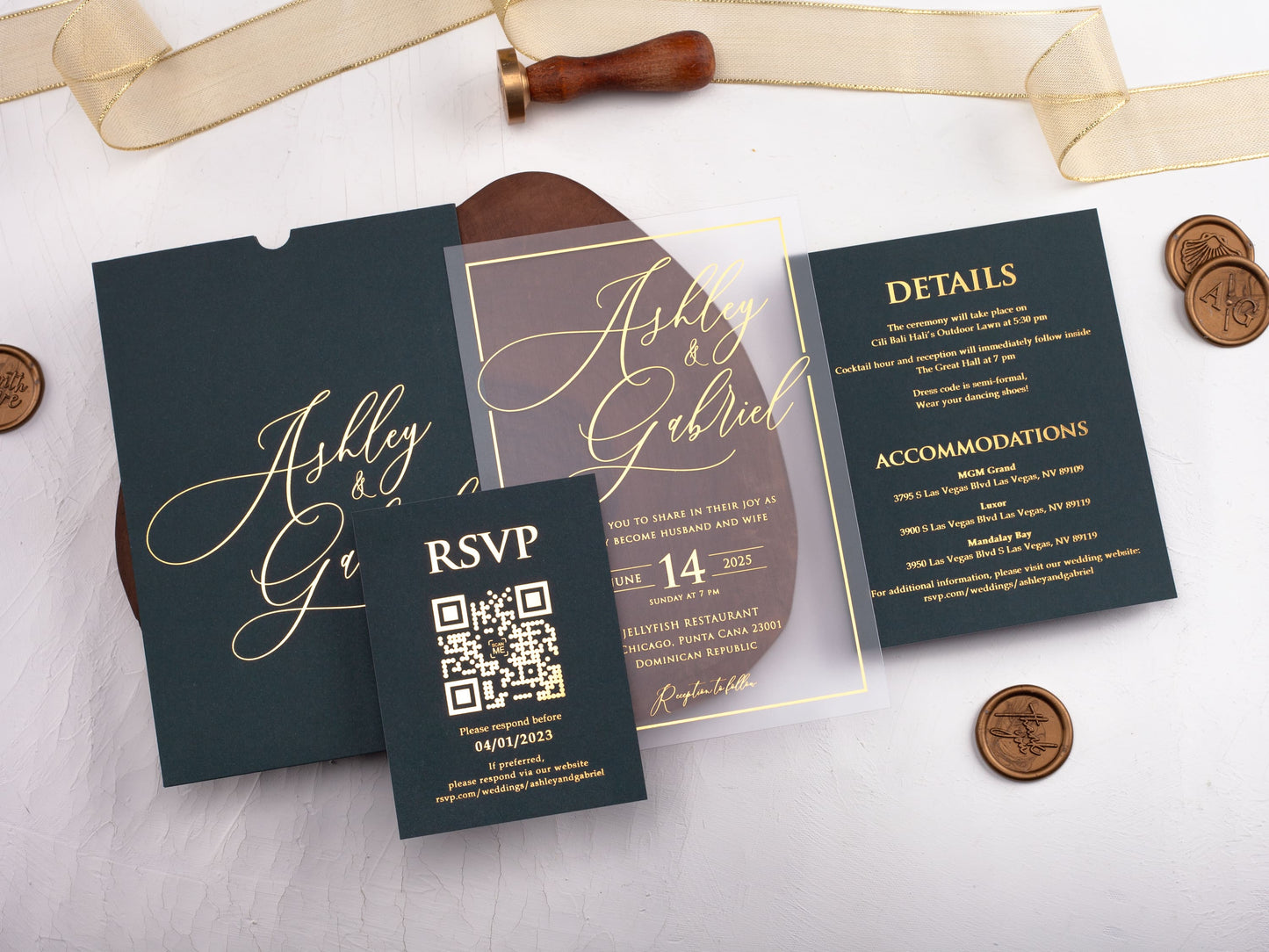 Acrylic Wedding Invitation with Gold Foil Print and Dark Green Sleeve Envelope