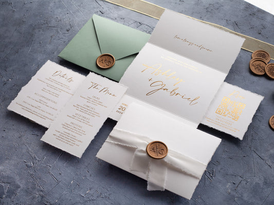Deckled edge trifold wedding invitation set