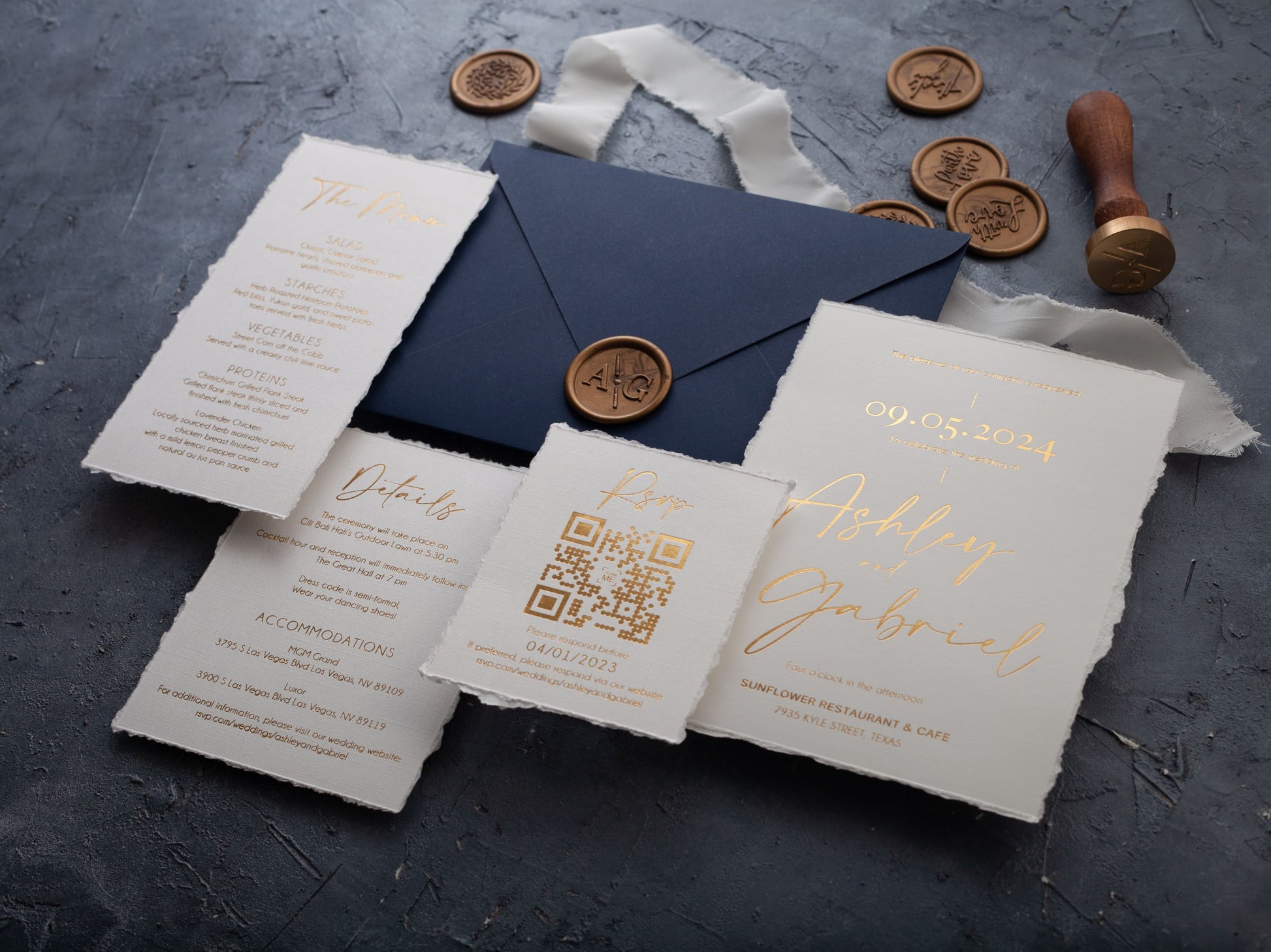 Deckled edge wedding invitation set, rsvp card with QR code, details card, menu and wax seal