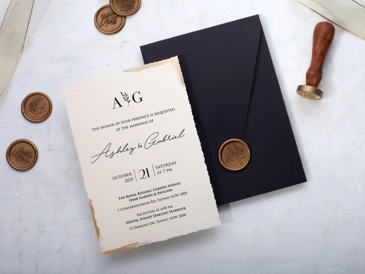 Deckled Edge Wedding Invitation with Black Envelope