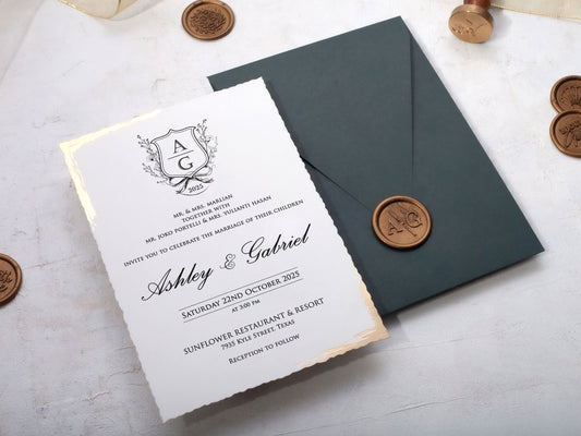 Deckled Edge Wedding Invitation with Green Envelope
