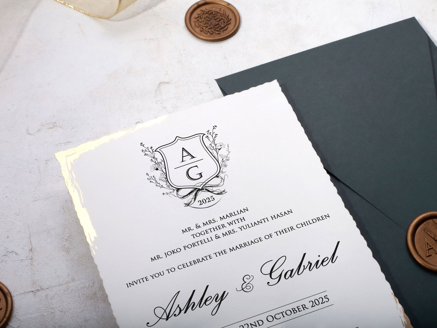 Deckled Edge Wedding Invitation with Green Envelope