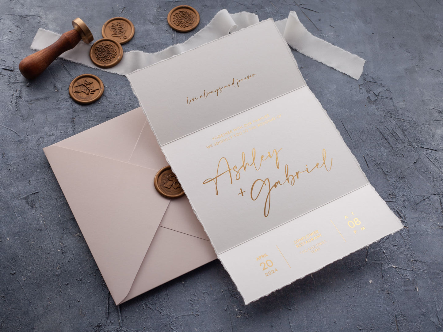 Deckled edge wedding invitation with gold foil print