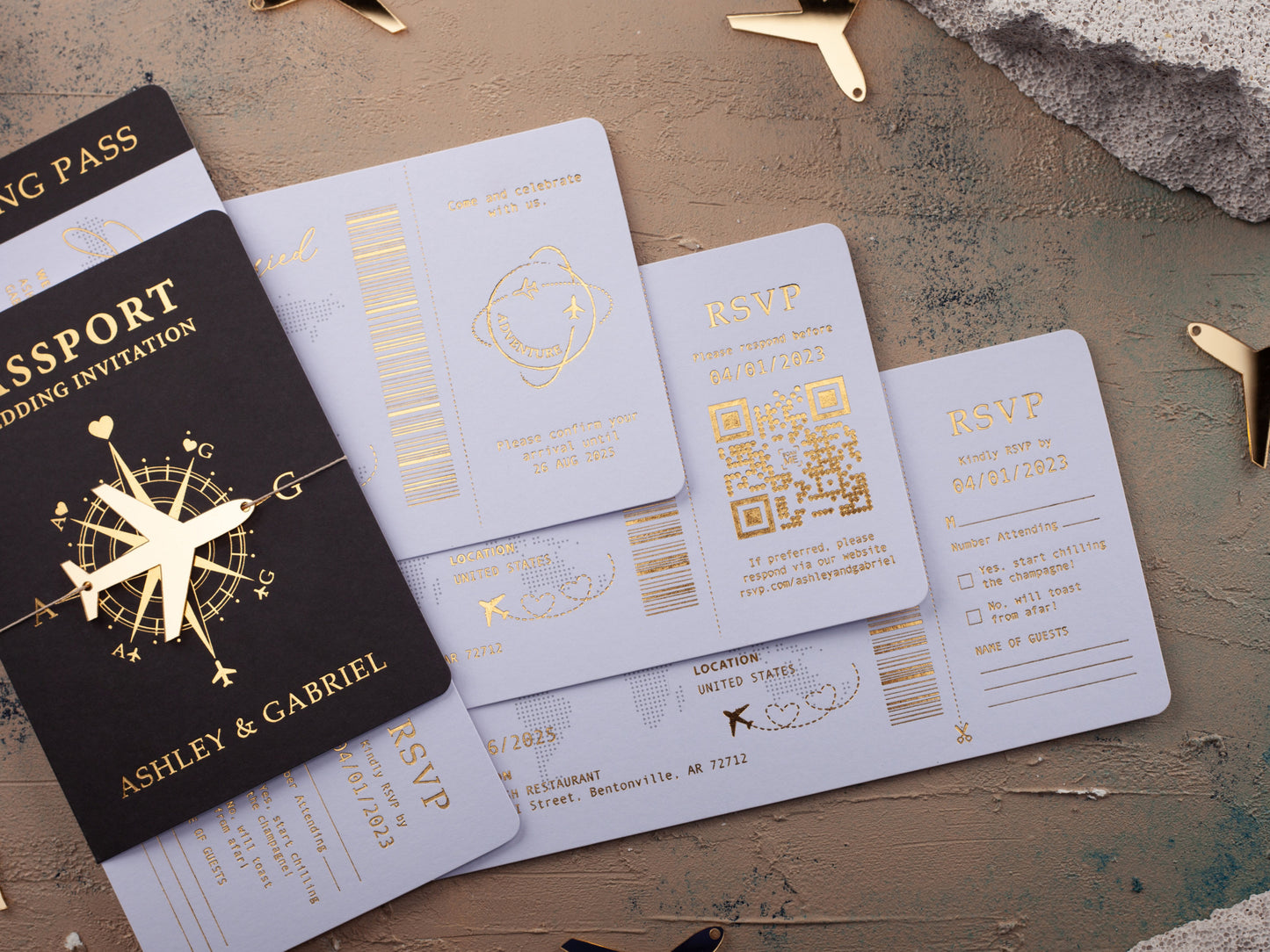 Black Passport Wedding Invitation with Gold Foil