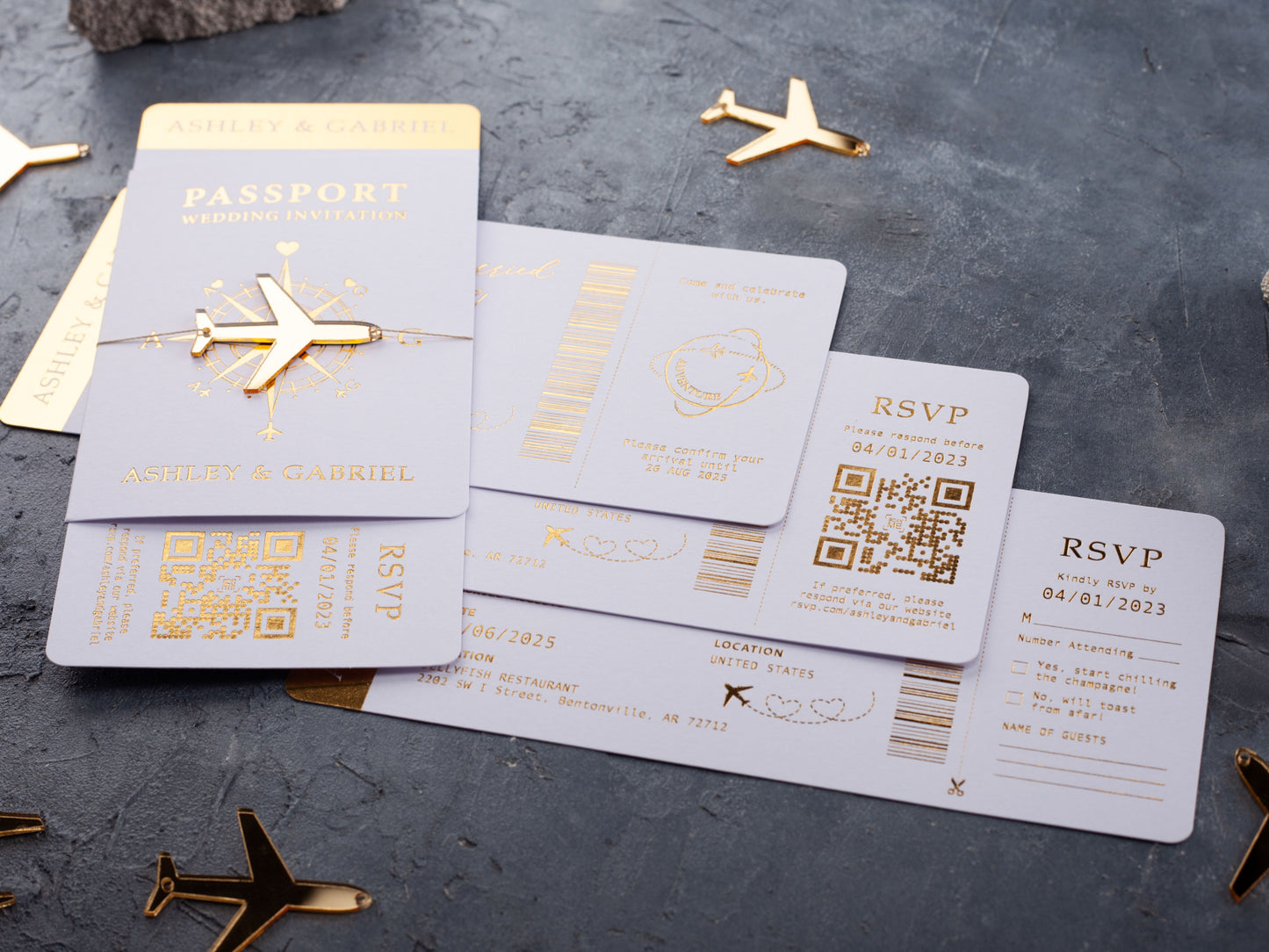 White Passport Wedding Invitation with Gold Foil