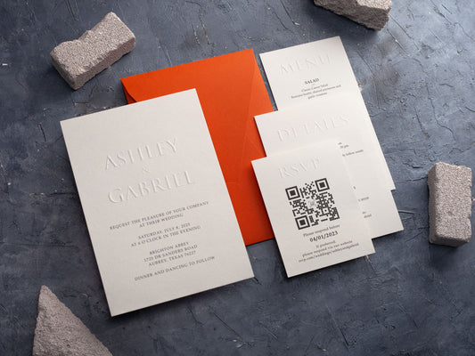 Embossed Wedding Invitation with Burnt Orange Envelope