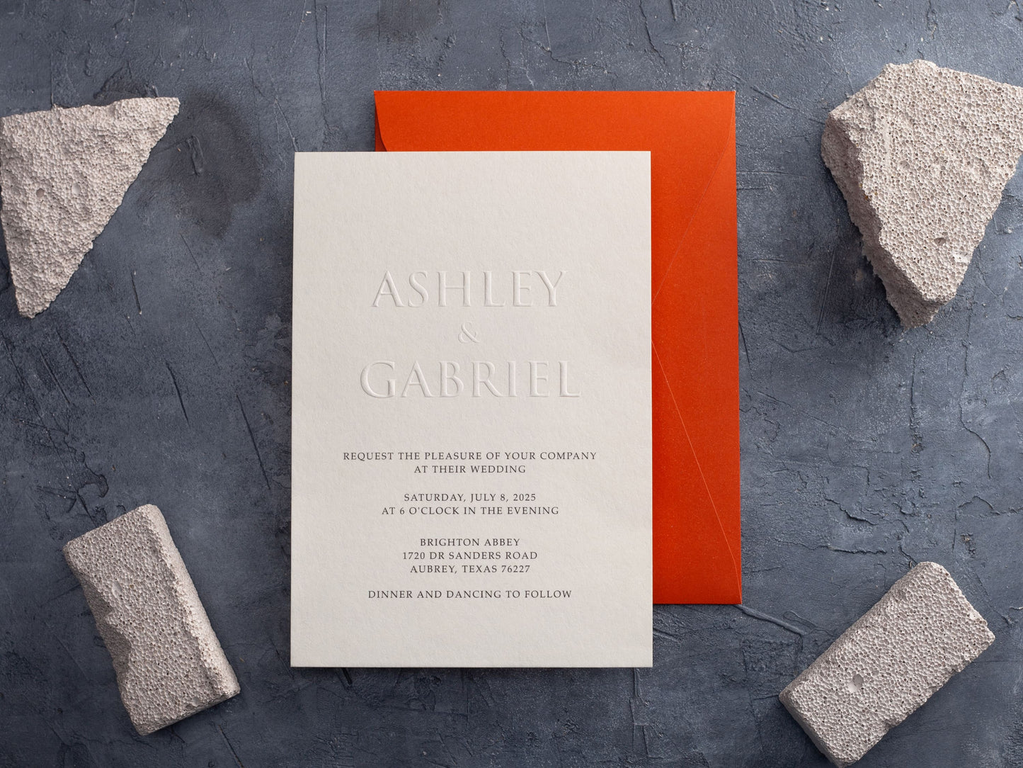 Embossed Wedding Invitation with Burnt Orange Envelope
