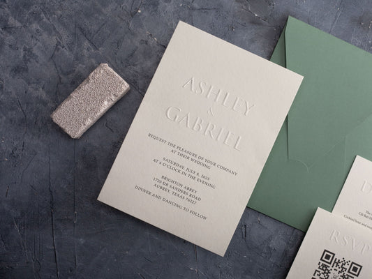 Embossed Wedding Invitation with Sage Green Envelope