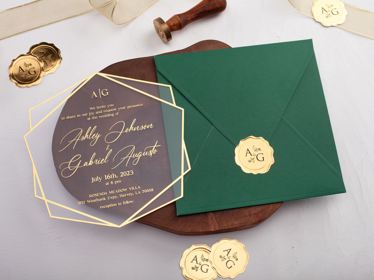 Emerald Green Acrylic Wedding Invitation with Gold Foil Print