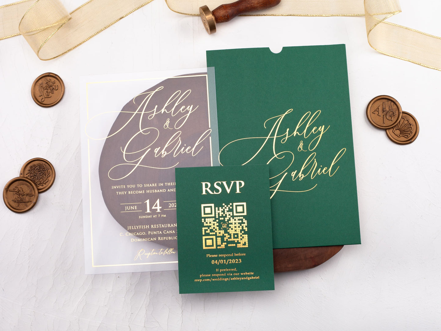 Emerald Green Acrylic Wedding Invitation with Gold Foil Print