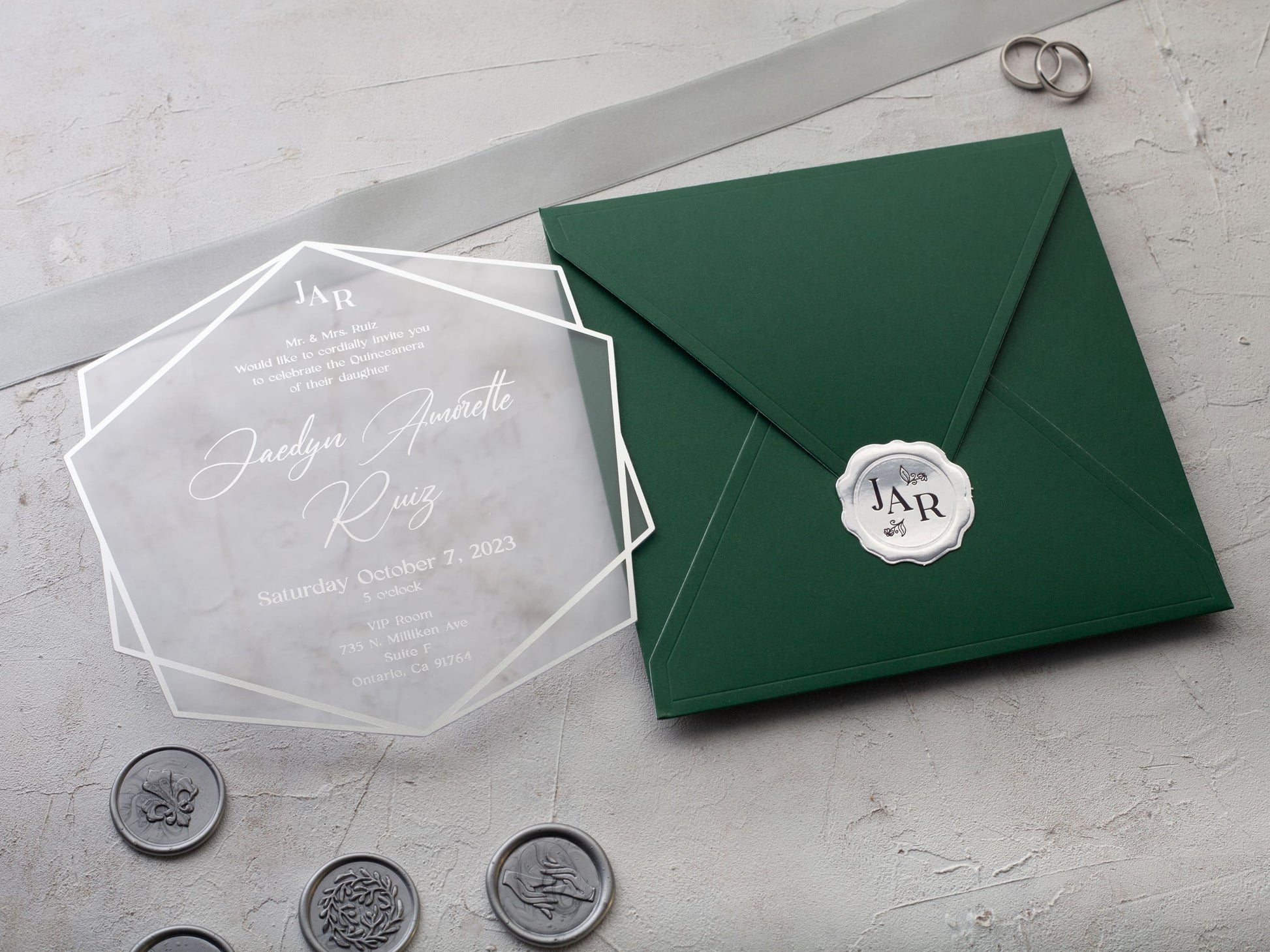 Emerald green and silver quinceanera invitation