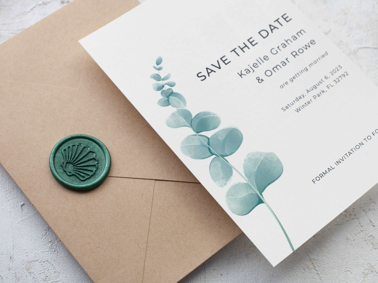 Greenery Save the Date Card with Eucalyptus Leaves