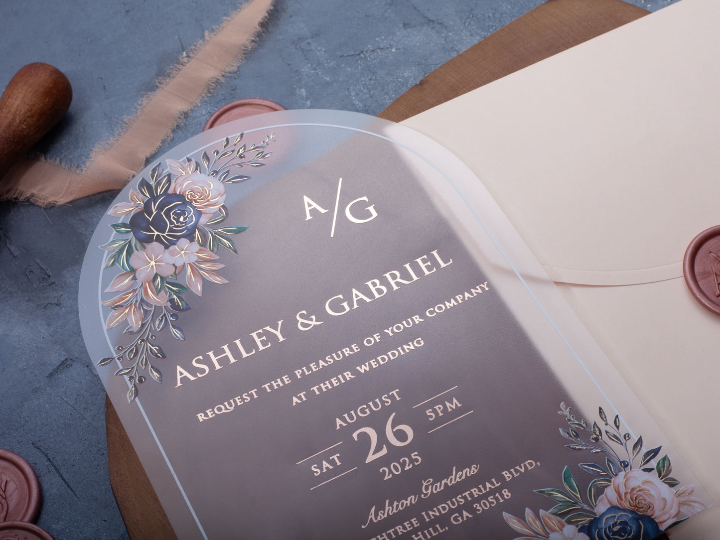 Floral Acrylic Wedding Invitation with Pink Envelope