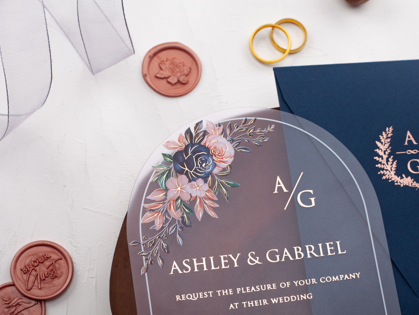 Floral Acrylic Wedding Invitation with Navy Blue Envelope
