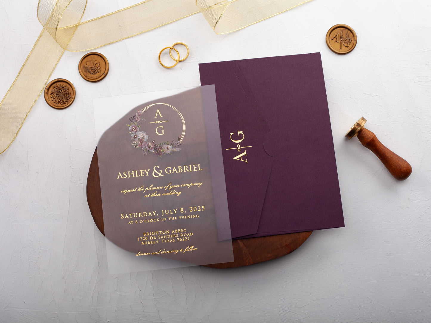 Floral Acrylic Wedding Invitation with Purple Envelope