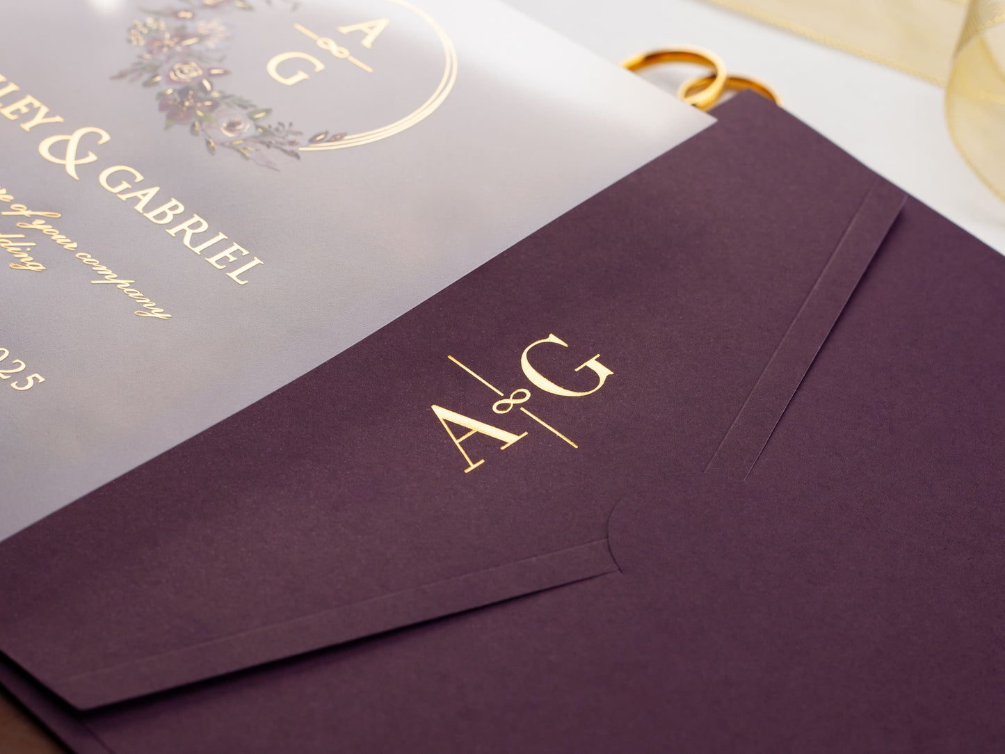 Floral Acrylic Wedding Invitation with Purple Envelope
