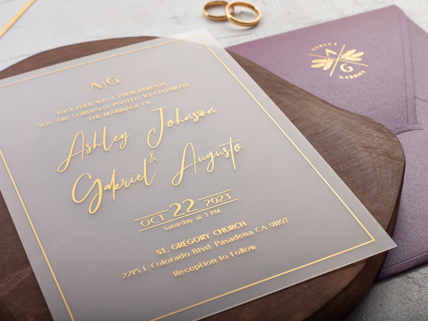 Frosted acrylic wedding invite with gold foil