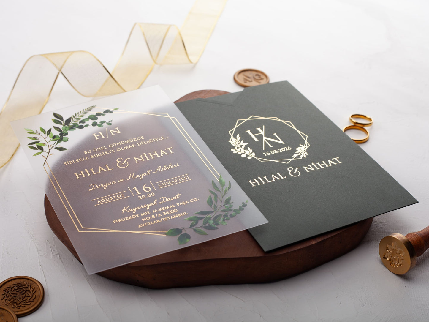 Gold Foil Acrylic Invitation with Green Leaves and Envelope