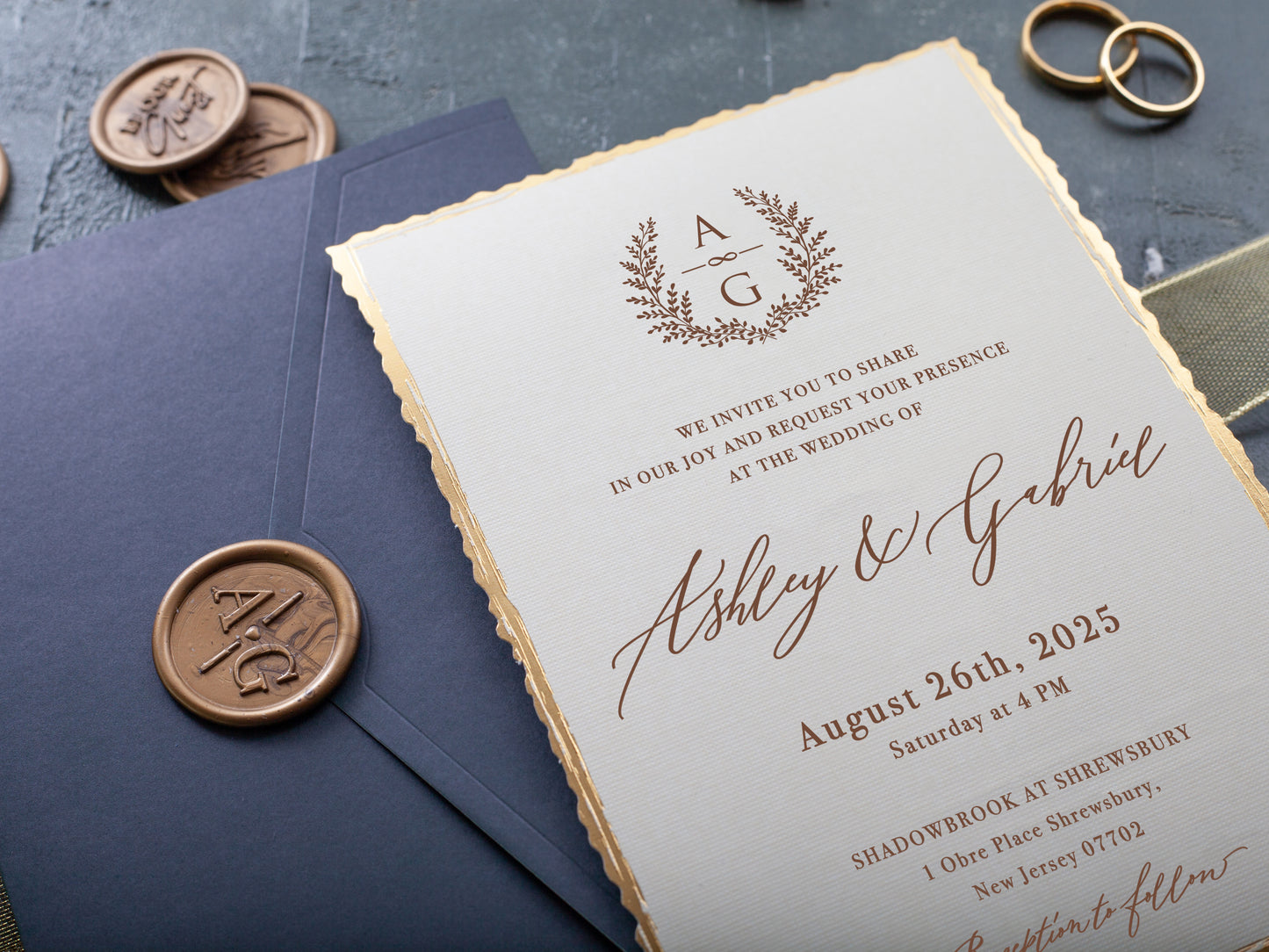 Gold foil printed deckled edge invitation