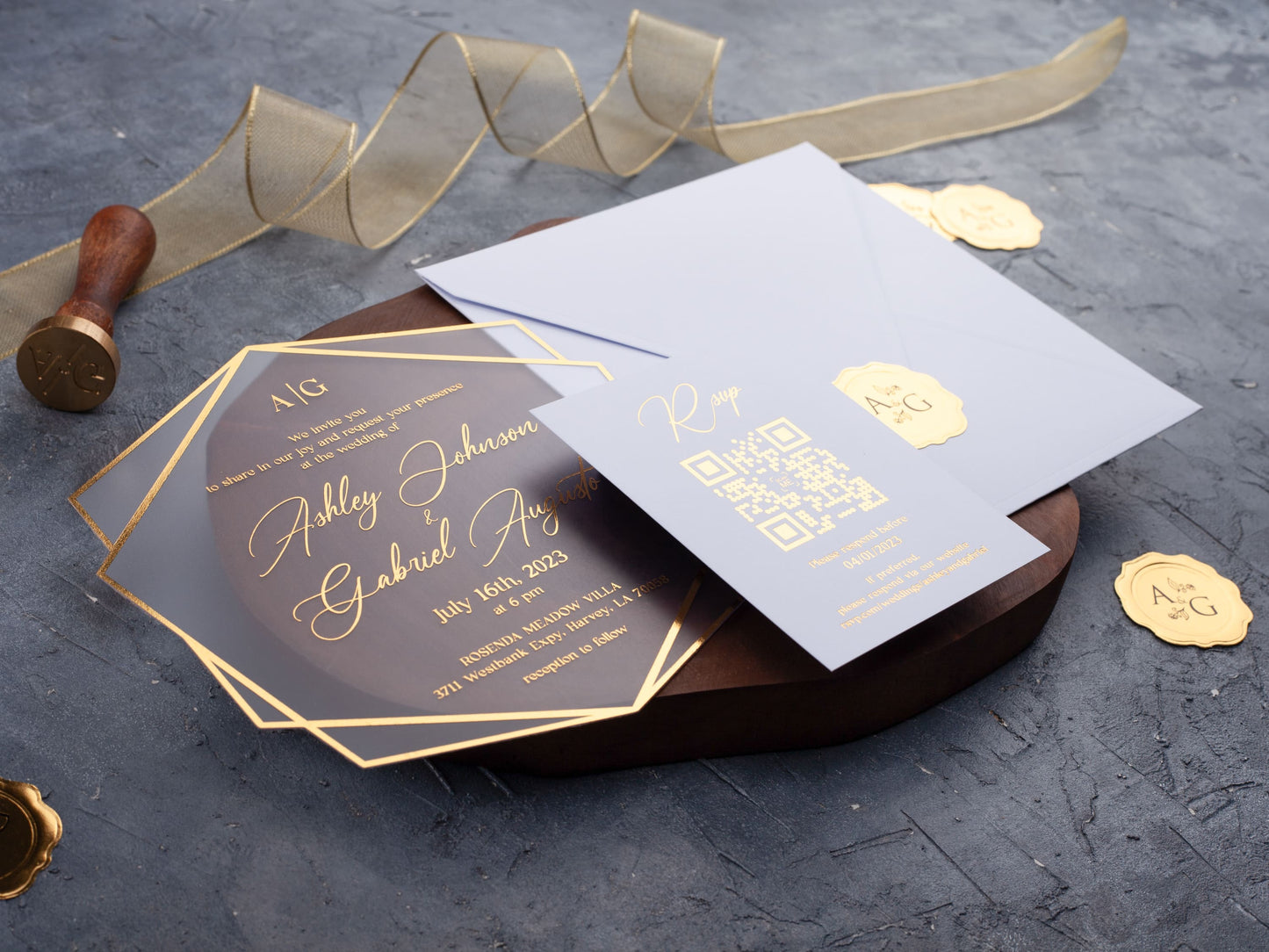 Gold Foil Printed Acrylic Invitation with White Envelope