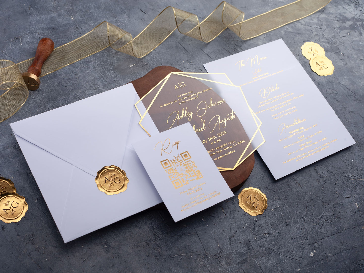 Gold Foil Printed Acrylic Invitation with White Envelope