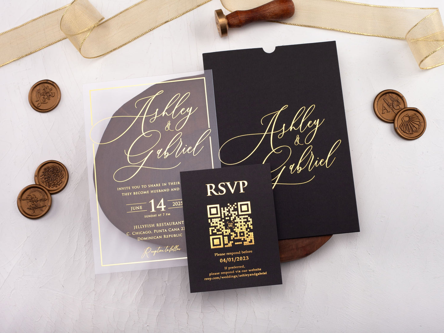 Gold Foil Printed Acrylic Invitation with Black Sleeve Envelope
