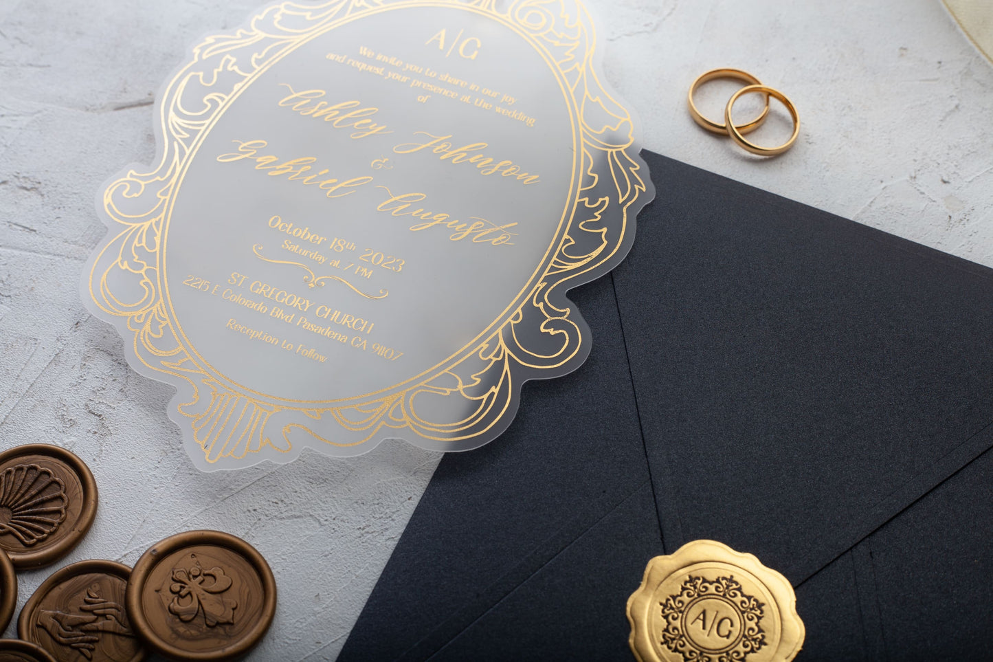 Luxury Acrylic Wedding Invitation, Gold Foil Printed Acrylic Invitation with Black Envelope