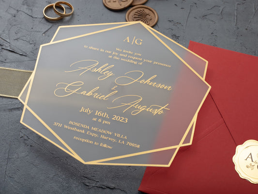 Gold foil printed acrylic wedding invitation with red envelope