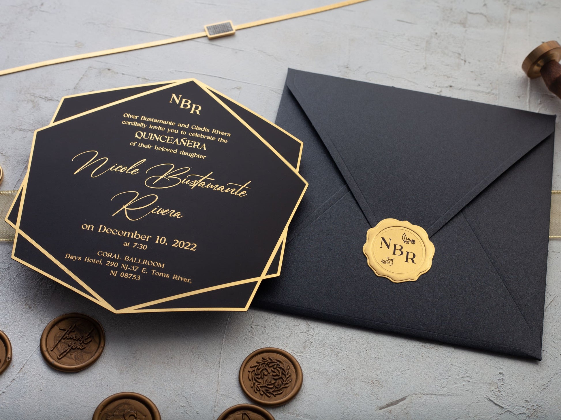 Gold foil printed black quinceanera invitation