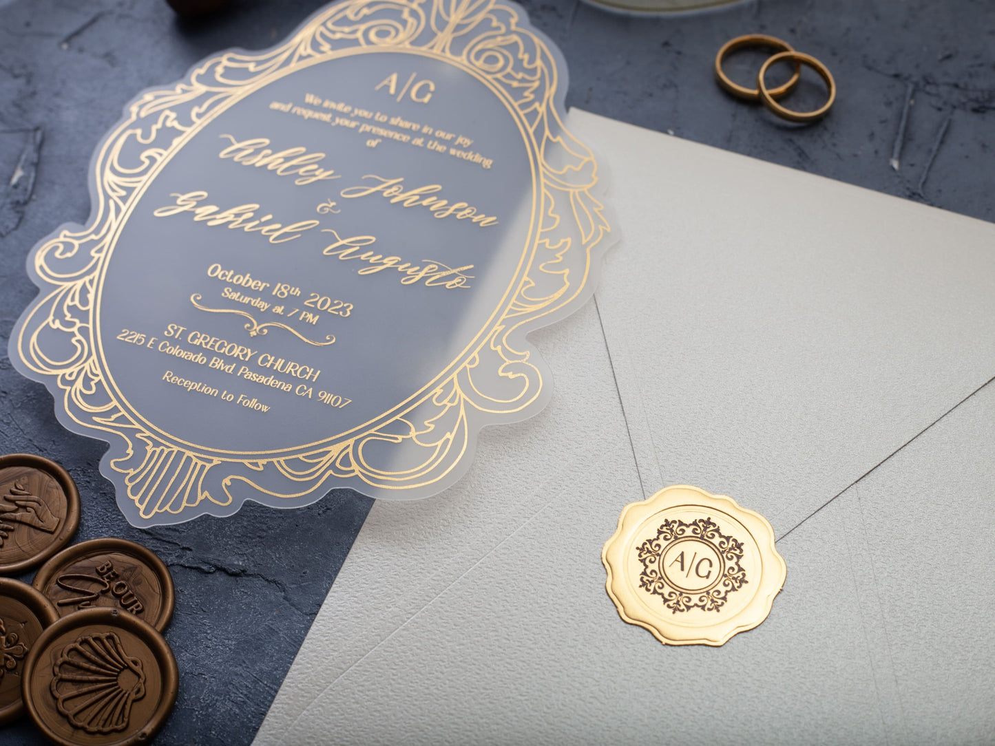 Acrylic Invitation with Gold Foil Letters and Ivory Envelope