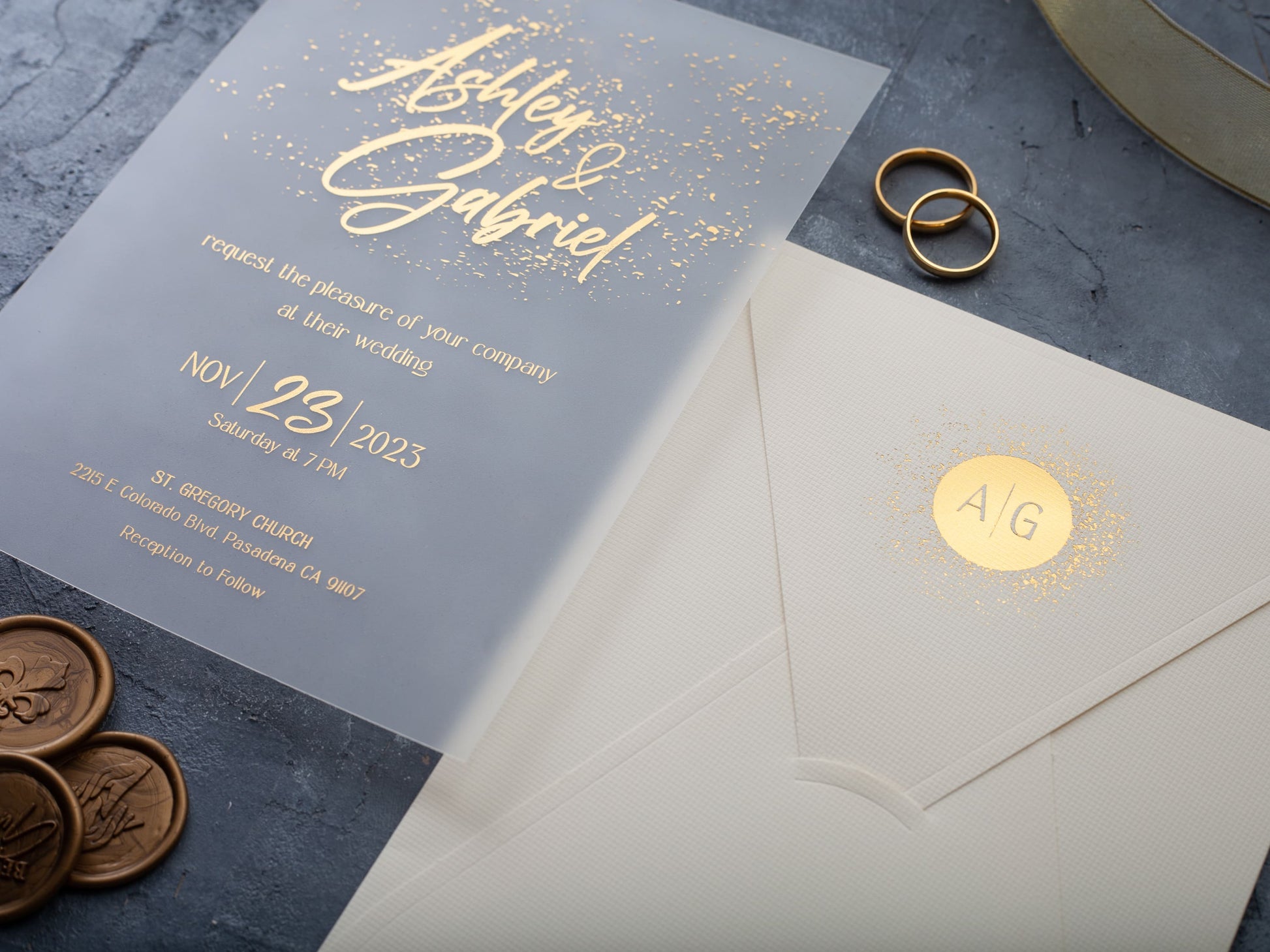 gold foil printed ivory wedding invite