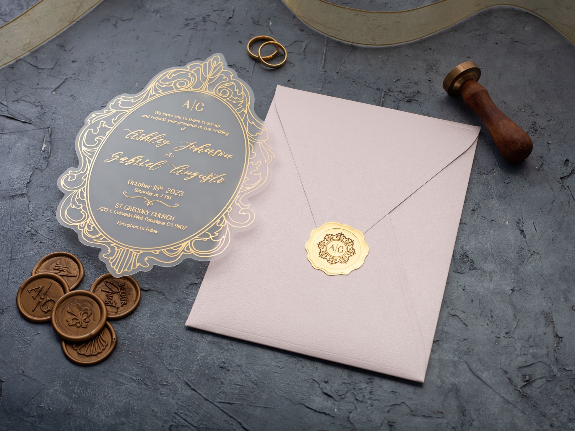 Gold foil printed pink invitation