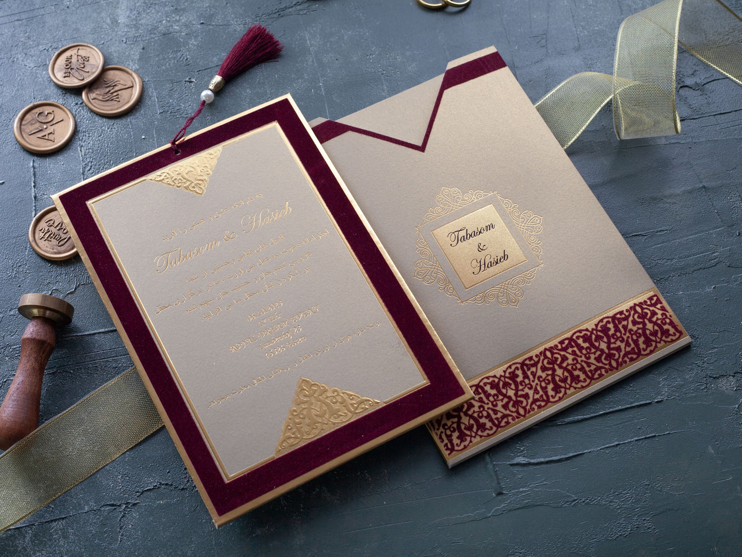 Gold Foil Printed Wedding Invitation with Velvet Accents