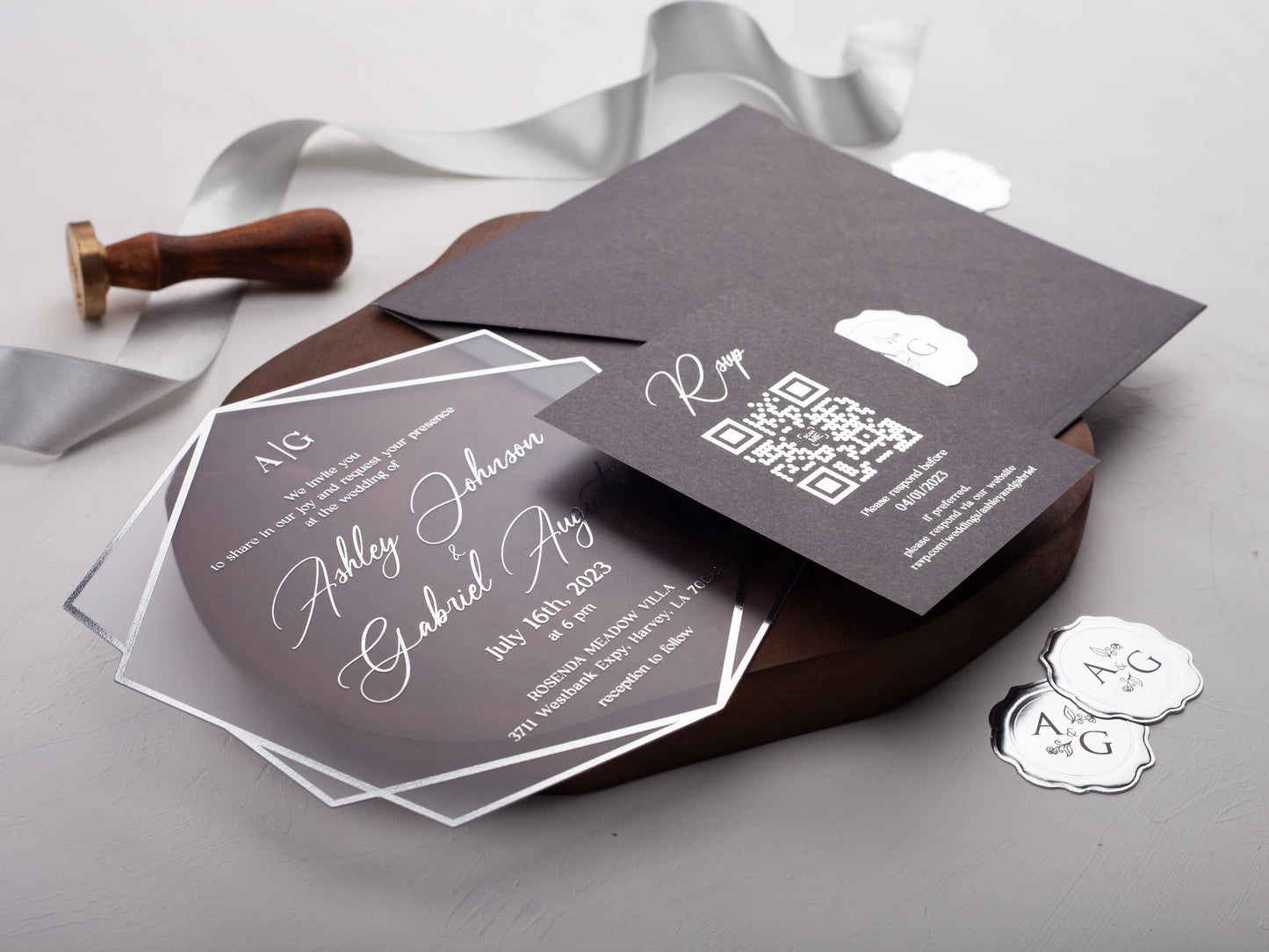 Gray and Silver Acrylic Wedding Invitation