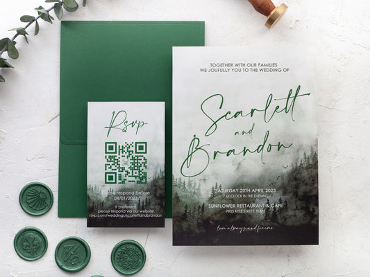 Greenery wedding invitation with vertical emerald green envelope