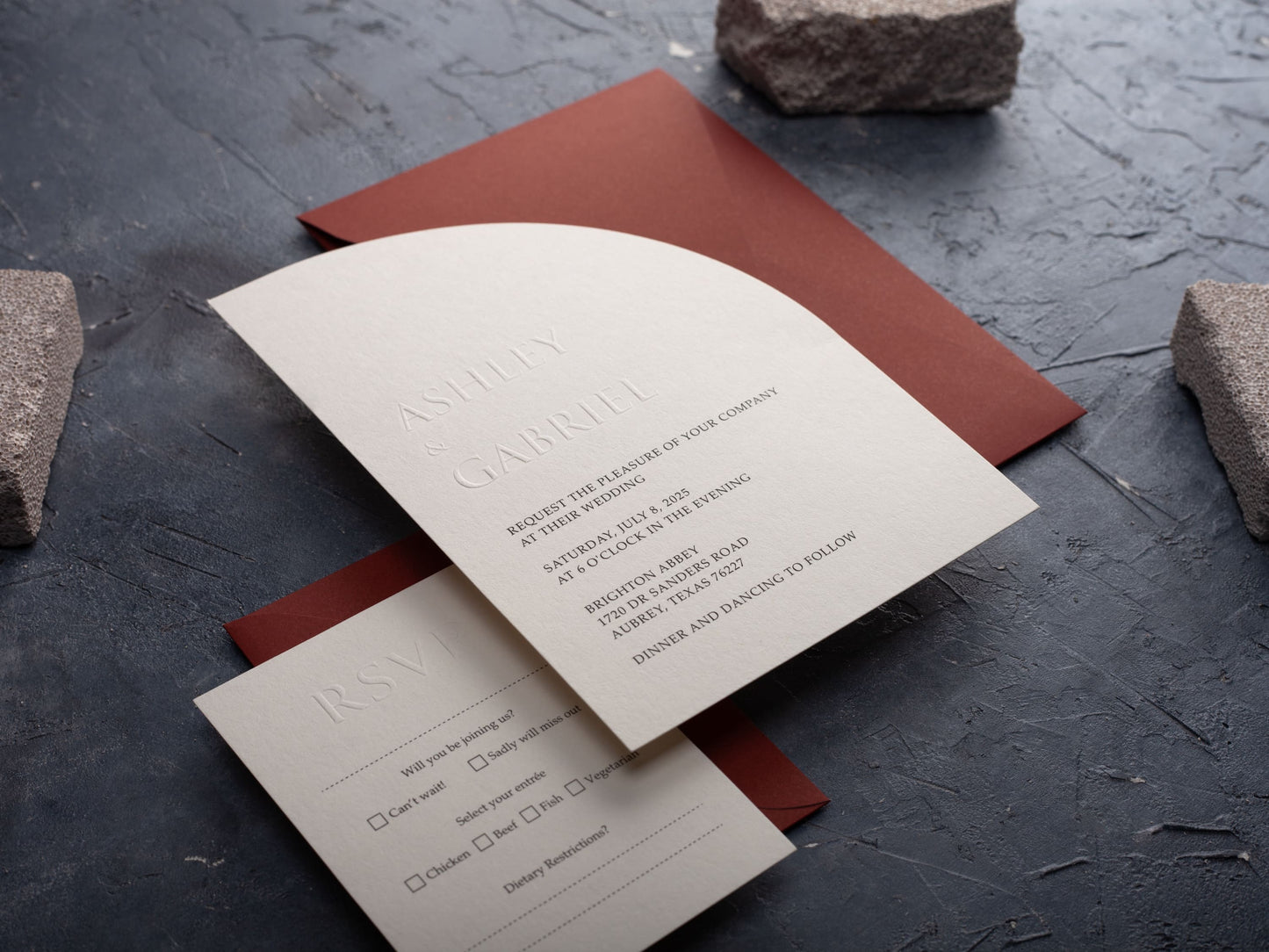 Half Arch Embossed Wedding Invitation with Terracotta Envelope
