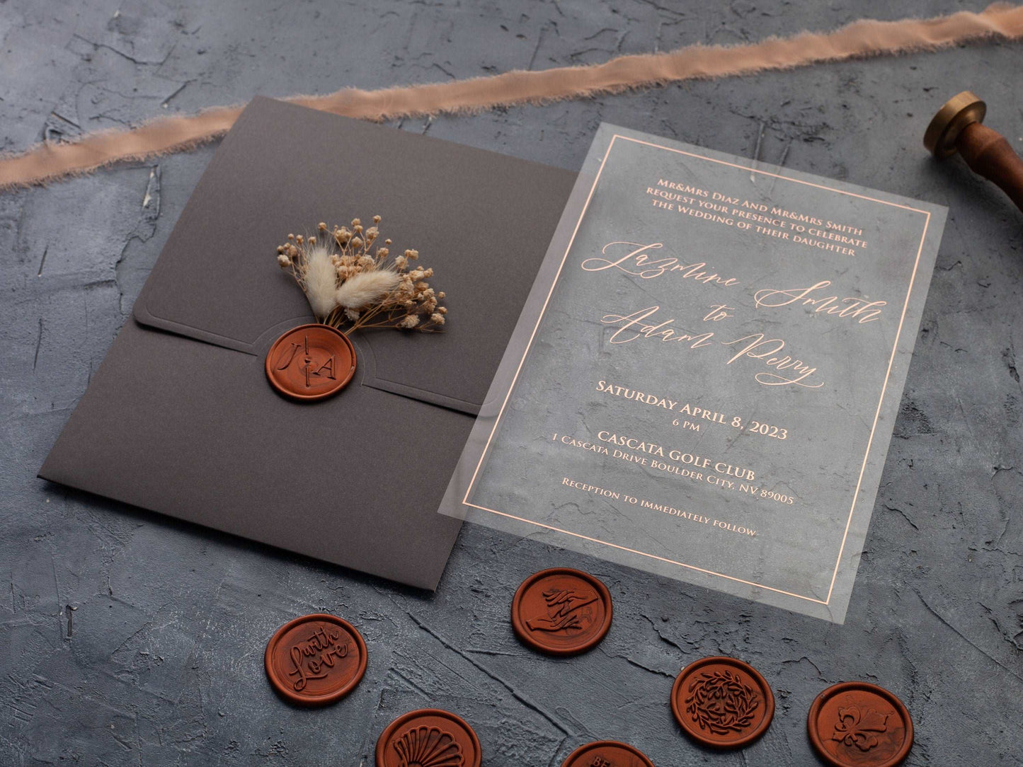 Acrylic Wedding Invitation with Wax Seal and Dried Flowers